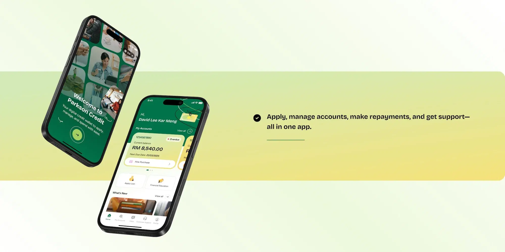 Parkson Credit app welcome screen and home dashboard showing current balance, next due date and hire purchase agreement